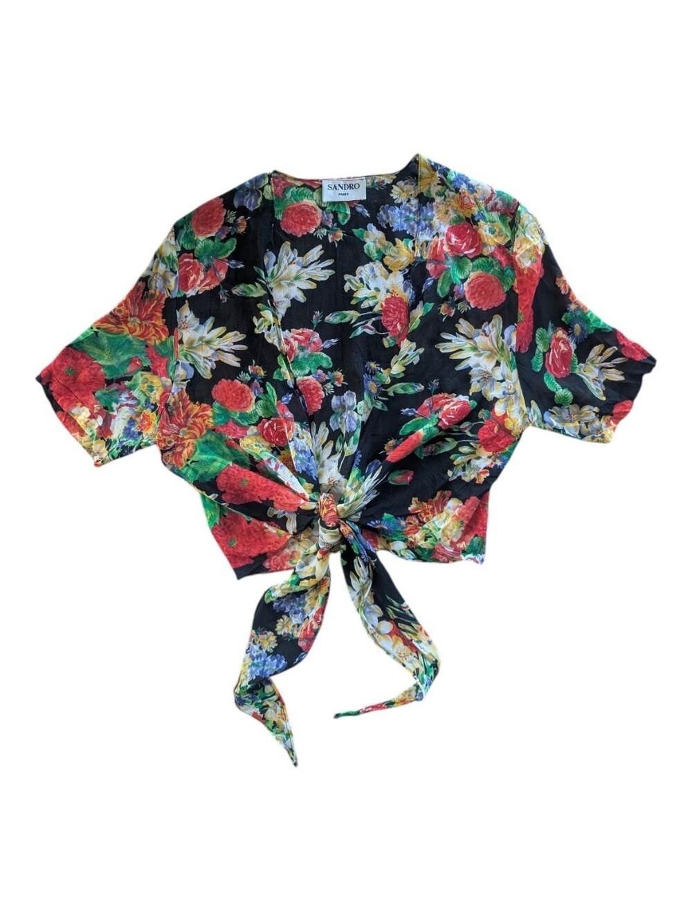 Vintage Sandro Paris France Floral Tie Front Crop Blouse One Size Made in France